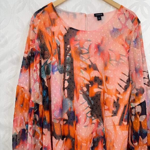 Torrid Colorful Chiffon Clip Dot Blouson Long Sleeve Blouse Size 4 - Picture 6 of 11
